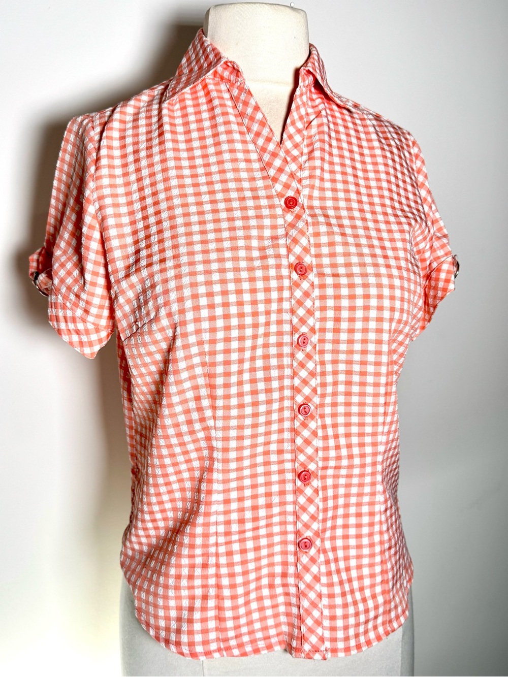 Joanna S Coral White Gingham Button Shirt Roll Tab Sleeves